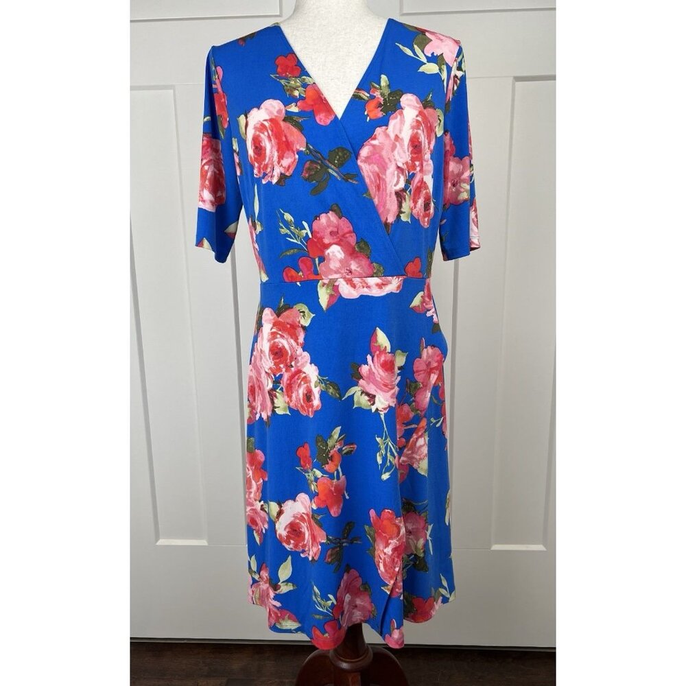 NWT Soma Intimates M Blue Floral Faux Wrap Dress Stretch V Neck Midi Pink Roses